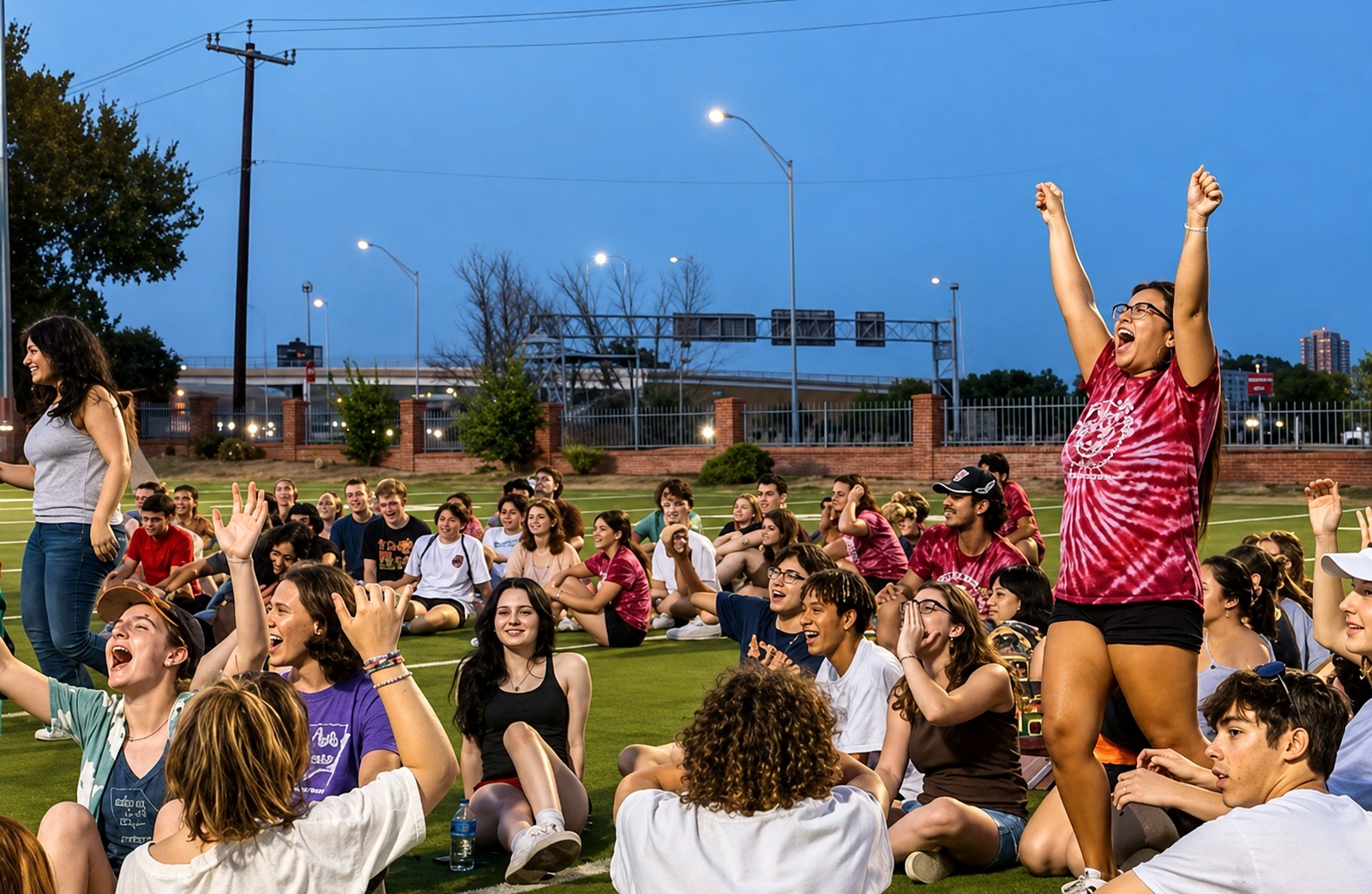 A student cheering with both arms raised among a seated crowd at dusk during a Playfair event